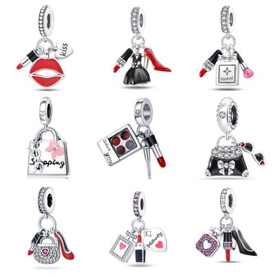 Muse Series Perfume Lipstick High Heels Bag Pendant Beads White Copper Silver Plated Valentine's Day Birthday Gift