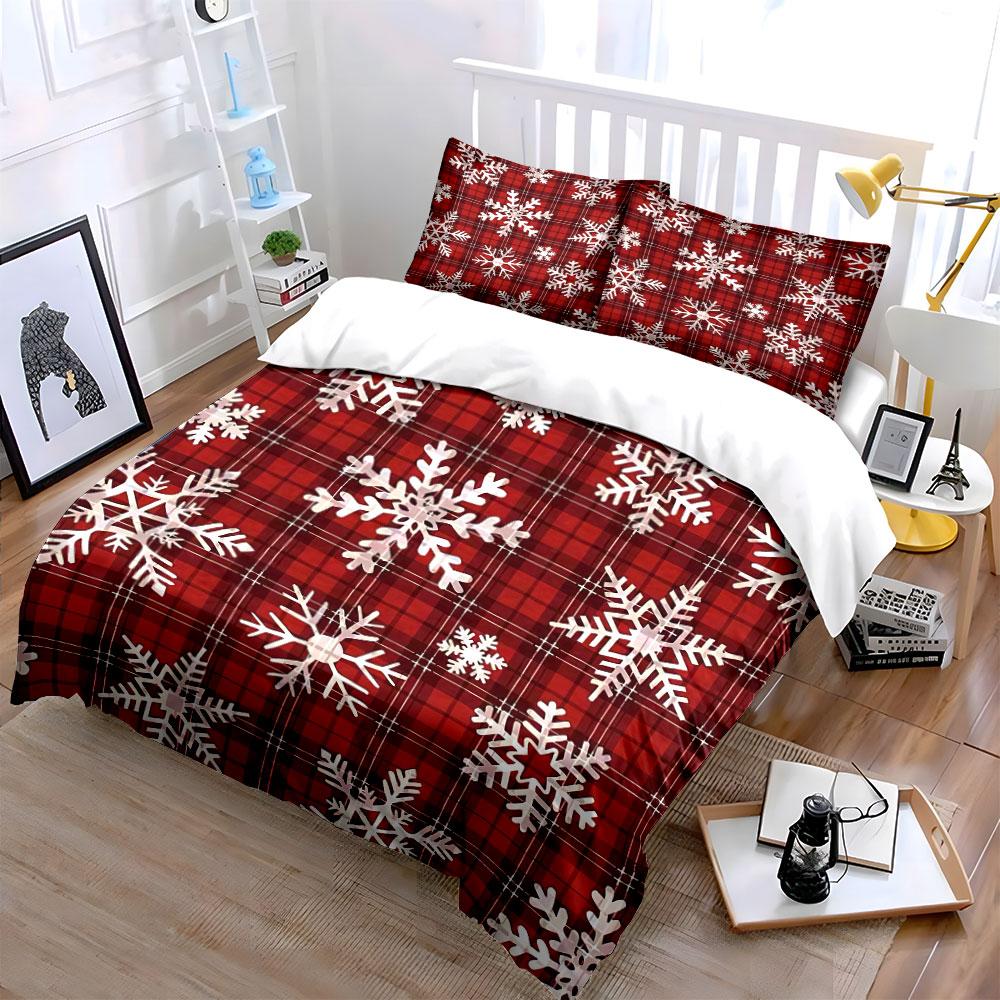 Red Plaid Snowflake Pattern Bedding Duvet Cover Set Duvet Cover Pillowcases (1*Duvet Cover 2*Pillowcases, without duvet insert)