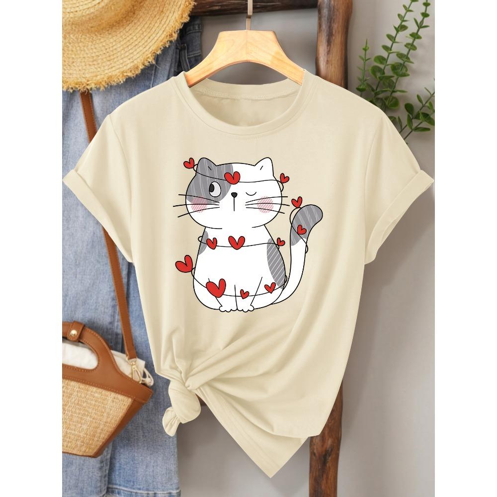 Women Cotton Short Sleeves T-shirts Heart Cat Women s Tee Cute Graphic Casual Beige Top S