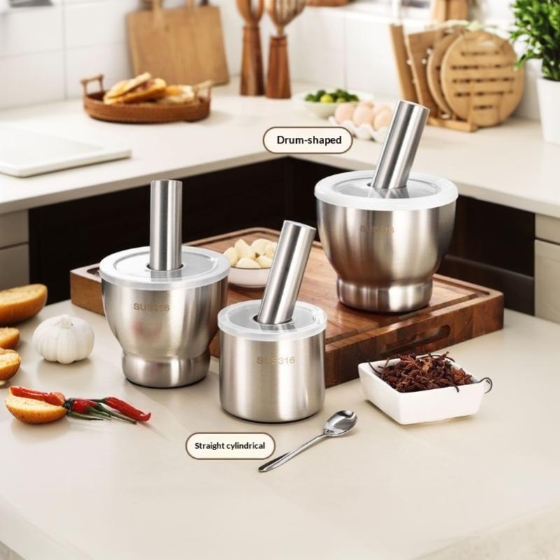 Mortar And Pestle Stainless Steel Spice Grinder Pill Crusher With Lid Ergonomic Grip For Crushing Grinding