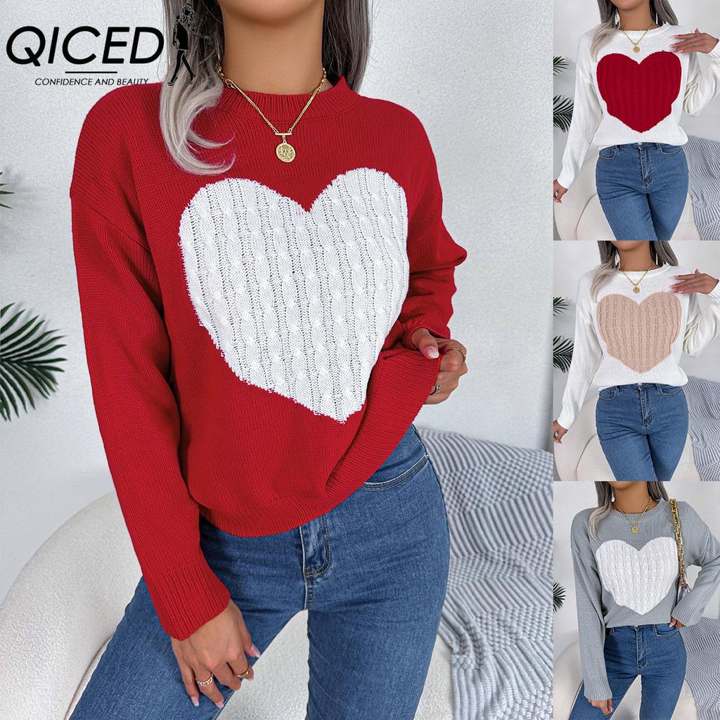 QICED Autumn and Winter Twisted Heart Long-sleeved Pullover Sweater for Valentine's Day Women's Wear