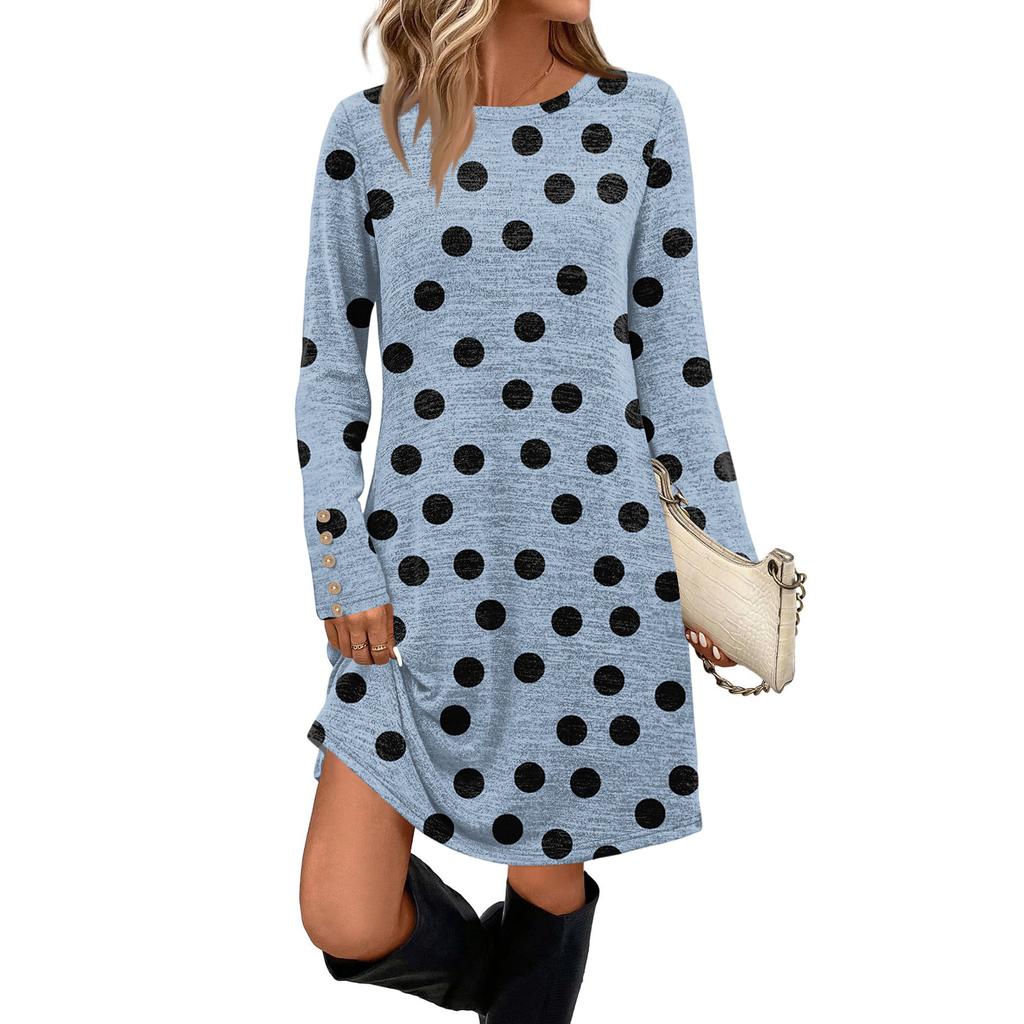 Women's Fashion Casual Dress With Pockets, Decorative Buttons, Polka Dot Prints, Round Neck And Long Sleeves