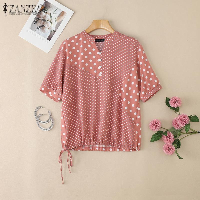 ZANZEA Women Casual V-Neck Loose Polka Dot Print Half Sleeve Blouse