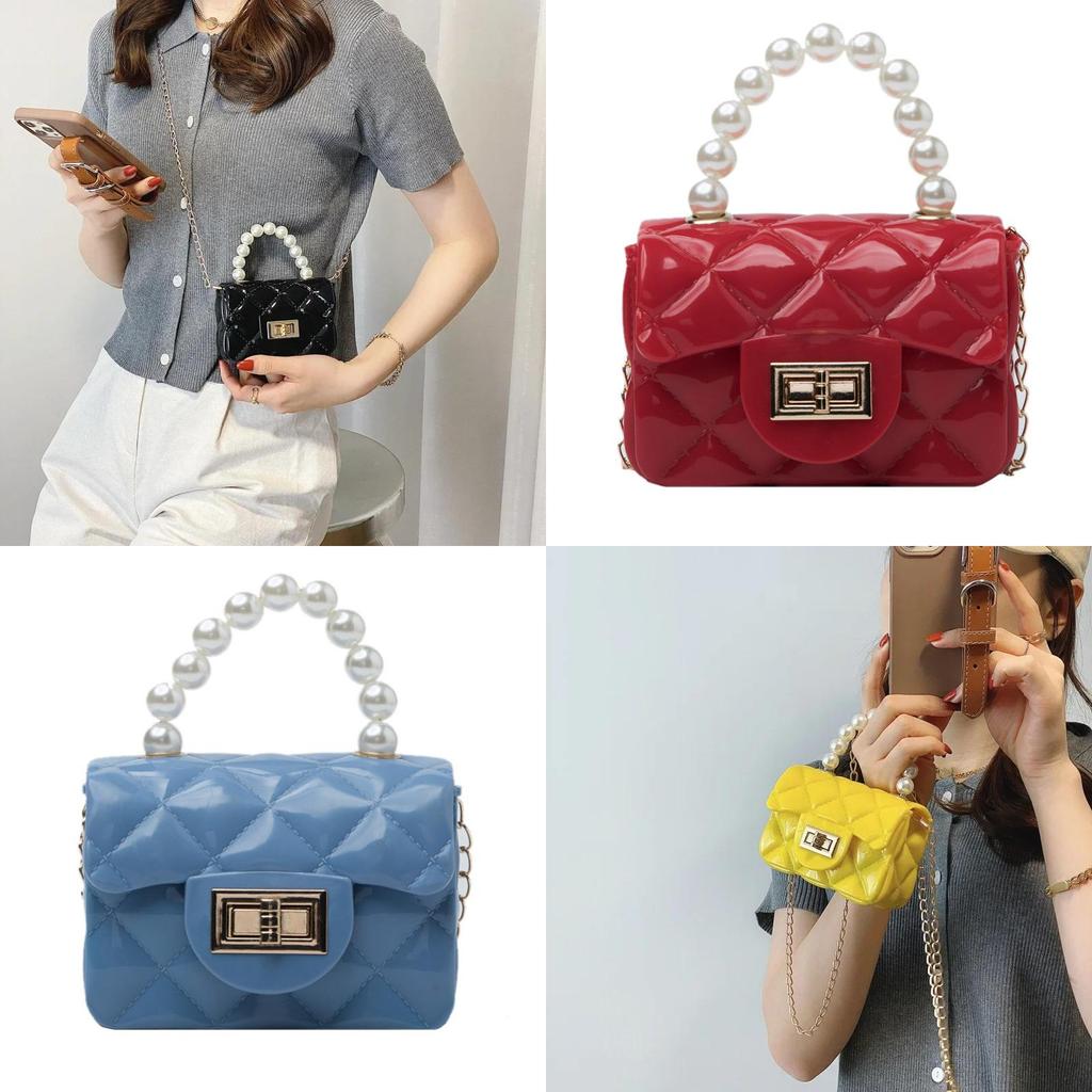 Fashionable Mini Jelly Bag With Pearl Chain Silicone Material For Children