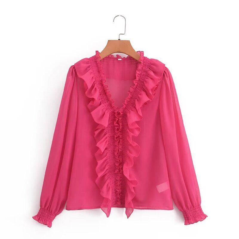 Fashion Style 2024 Summer New Arrival Women's Stylish Temperament Wild Slim Looking Laminated Decoration Shirt 2298060