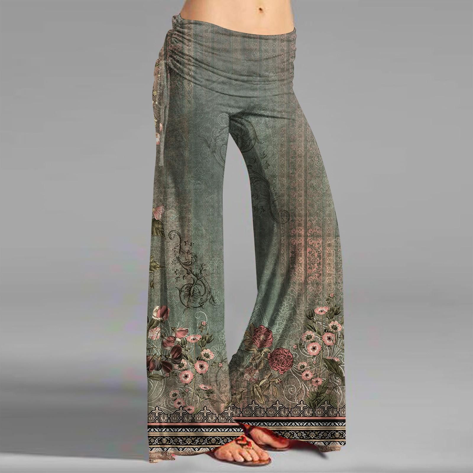 Women s Fashion Vintage Print Casual Flared Drawstring Trousers Wide Leg Pants XXL