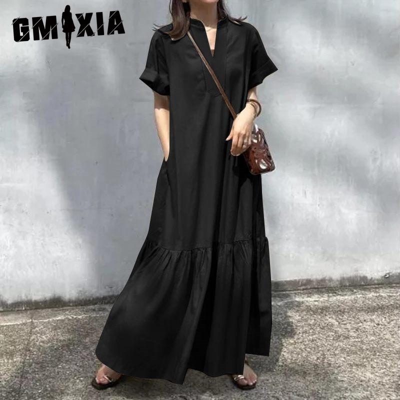 

GMXIA S-5XL Летнее повседневное однотонное женское длинное платье с V-образным вырезом и короткими рукавами XXXXXL чёрный