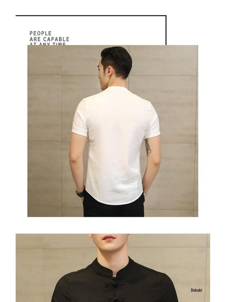 Men's Chinese Style Short Sleeve Tang Suit - Black Zhongshan Slim Fit Shirt