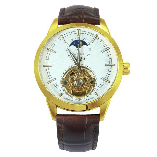 Forsining Men's Fashion Casual Hollow Moon Phase Carved Hollow Automatic Mechanical Watch GMT1177-2-A