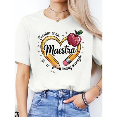T-shirt de Sport Casual à Manches Courtes et Col Rond pour Femme, Taille Européenne, avec Impression de Lettres Espagnoles pour le Printemps et l'Été.