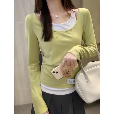 Black and White Contrast Fake Two-piece Patchwork Long Sleeve Shirt T-shirt In Early Autumn Women Sexy Girl Design Slim Top