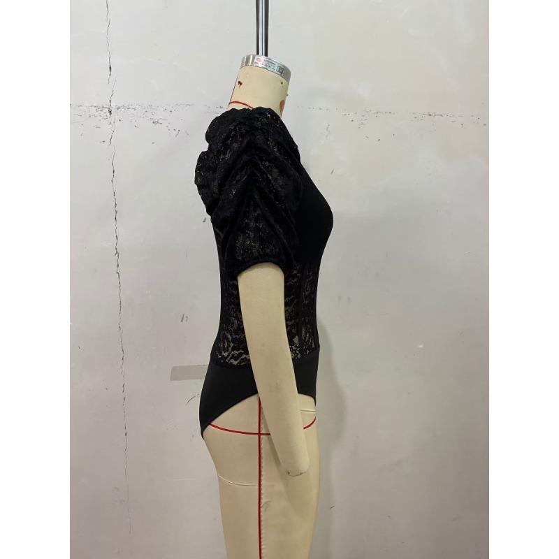 Women's Retro Romantic Sexy Lace Lace Deep V-neck Solid Color Puff Sleeve Bodysuits