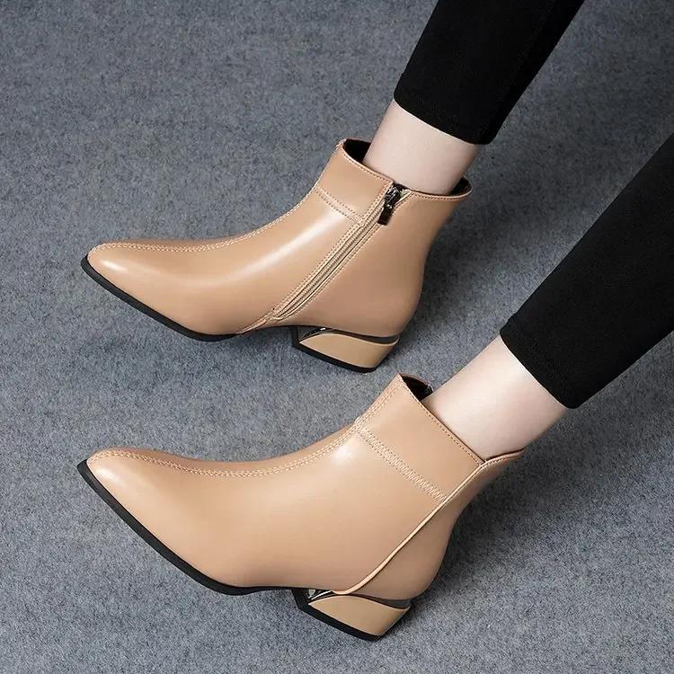 Women's Boots Fashion Casual Leather Boots Pointed Toe Office Formal Shoes for Women Zipper Ankle Boots Botas