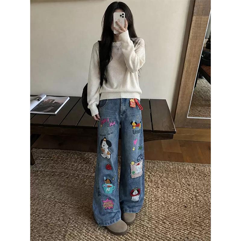 Autumn Korean cartoon sticker jeans women's loose and thin high waist drape floor-mopping wide-leg pants versatile ins tide