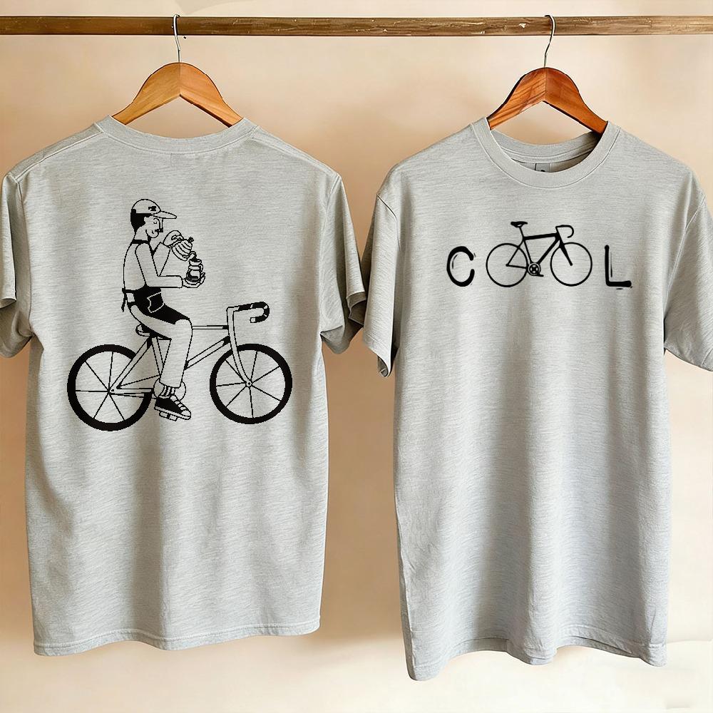 Couple Front Back Printed T Shirt Minimalist Cool Bicycle Word Front Unisex Riding Bike Holding Drink Line Art Casual Cycling Tees