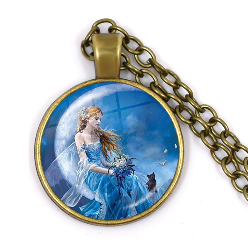 

Fashion Fairy on Moon Necklace for Women Angel Elves Graceful Art Photo Glass Cabochon Handmade Necklaces Pendants Jewelry Gifts