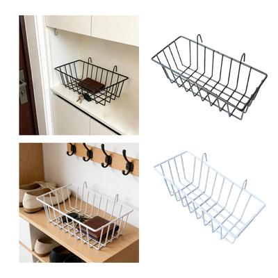 Wall Hanging Storage Basket Rectangular Iron Organizer with Hooks for Pantry Laundry Room Shelf Storage