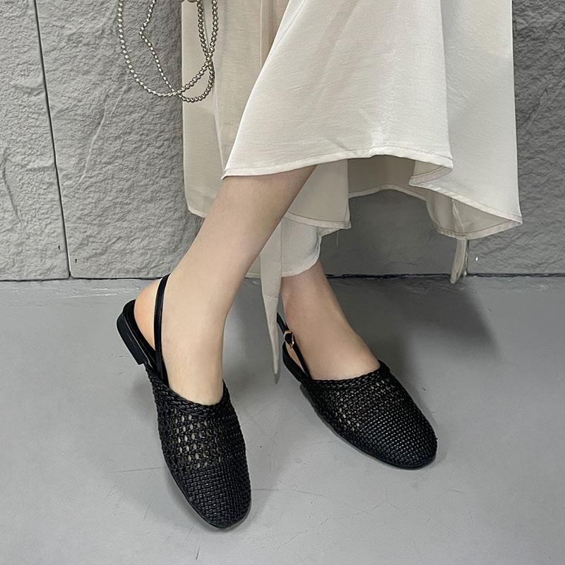 Fashion Female Shallow Fashion Round Toe Ladies Flats Sandals Shoes Slingback Weave Footwear Flats Sandals Shoes For Women Big Size 43