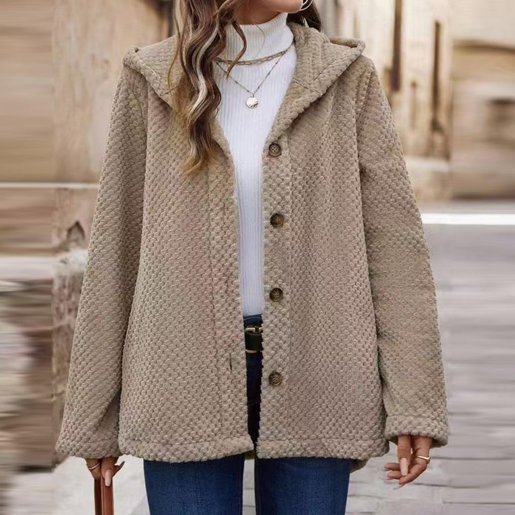 Women's Fashion Solid Color Fleece Hooded Cardigan Casual Jacket
