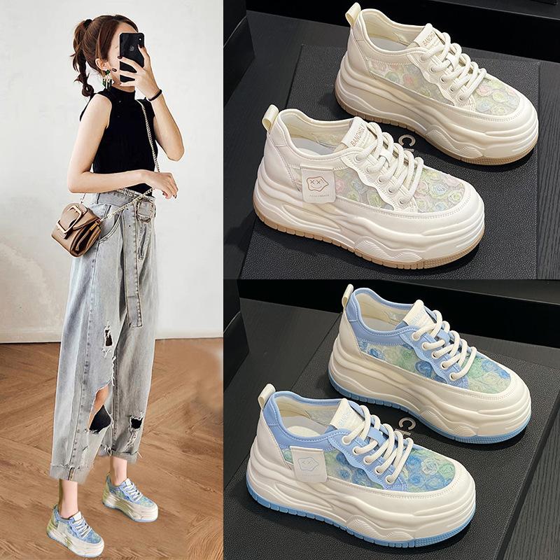 Leather little white shoes women's new single-mesh breathable thick-soled heightening sports and leisure shoes versatile muffin board shoes