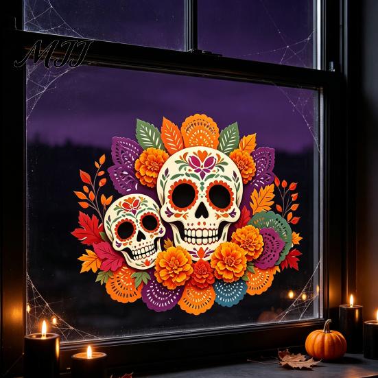 Decorative Holiday Gifts Day of The Dead Window Static Sticker, Flower Skull PVC Authentic Festival Accents Decals, Waterproof Halloween Glass