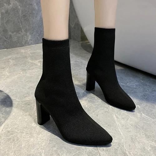 Einfache Mode Stretch Socken Stiefel Damen High Heels Schuhe Stricken Socken Stiefel Dünne Frauen Spitze Herbst und Winter Nackte Stiefel