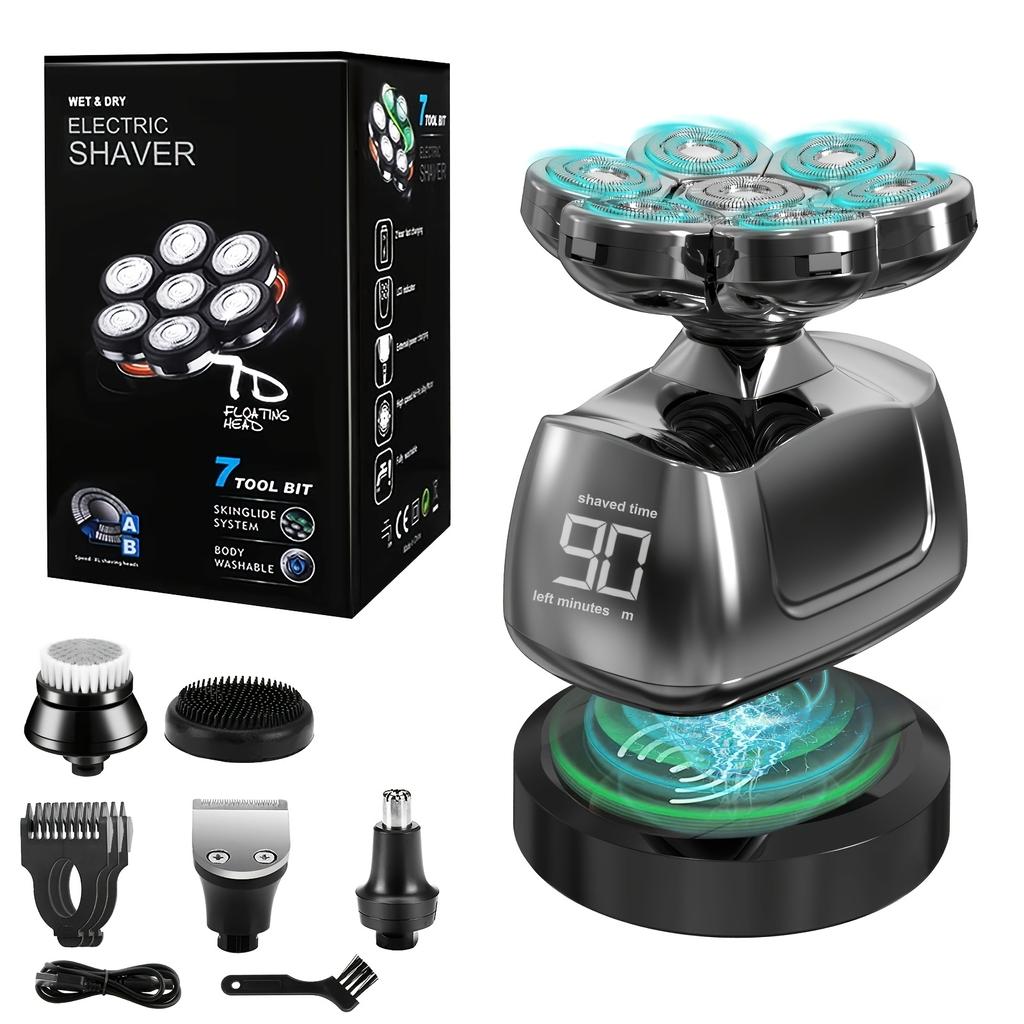 Men's 7D Smooth Shaver, 6-in-1 Wet And Dry Electric Shaver For Face And Head