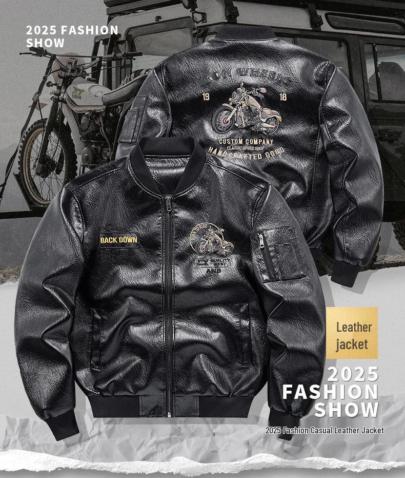 Veste de vol tendance en cuir grande taille pour homme - Automne Col montant de motard avec design brodé