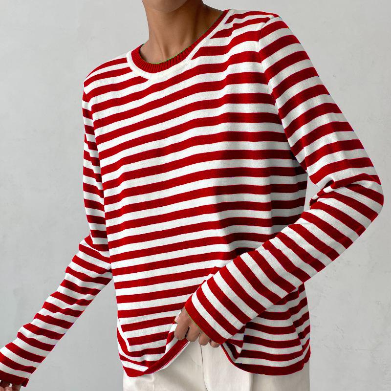 Maglione sciolto chic da donna autunno inverno o collo a maniche lunghe a righe in maglia