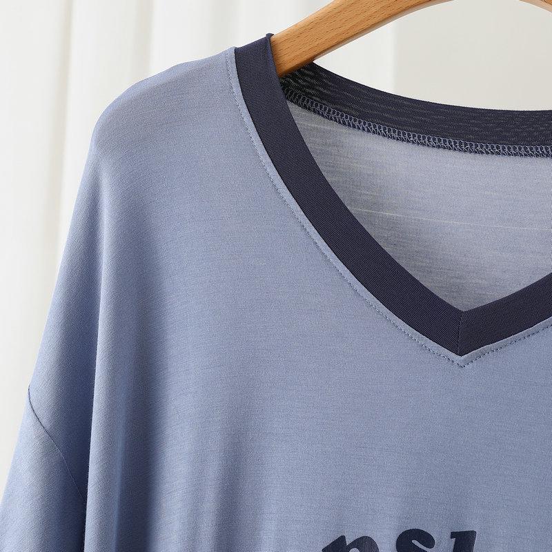 Plus Size Casual V-Neck Letter Print Modal Nightgown - Summer Loose-Fit Short Sleeve Dress