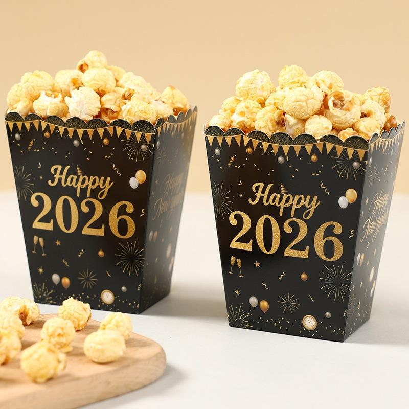 10Pcs Happy New Year 2026 Theme Party Decor Fireworks Popcorn Box Candy Cookie Packaging Boxes For Movie Night Party Decor