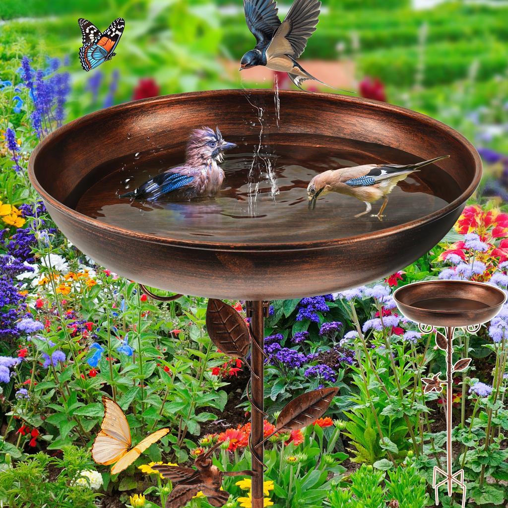 Metal Bird Bath 32 Inches Iron Bird Feeder Freestanding Vintage Birdbath with Ground Stake for Outdoor Garden Patio Yard Lawn