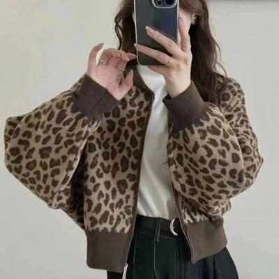 Leopard Print Color Block Fashion Coat Autumn and Winter Baseball Short Cardigan Lazy Jacket Top