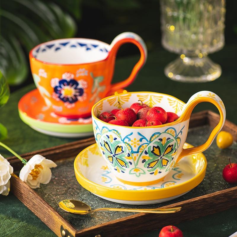 Flower Song Handle Cup Ceramic Water Cup Household Breakfast Cup Mug High Value Cup Couple Cup