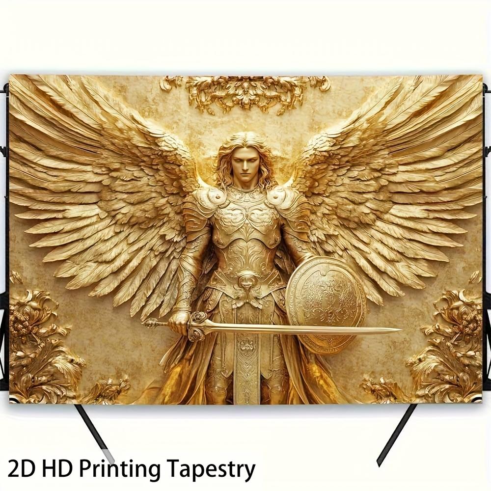 Golden Angel Tapestry, Armored Archangel with Sword and Shield, Majestic Religious Wall Art for Living Room Bedroom Decor