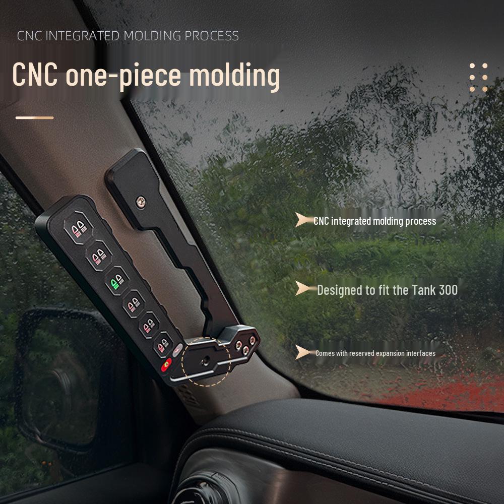 Tank 300 Off-Road Mod: A-Pillar Grab Handle with High-Power LED Spotlight, Wireless Strobe, and Remote Control.