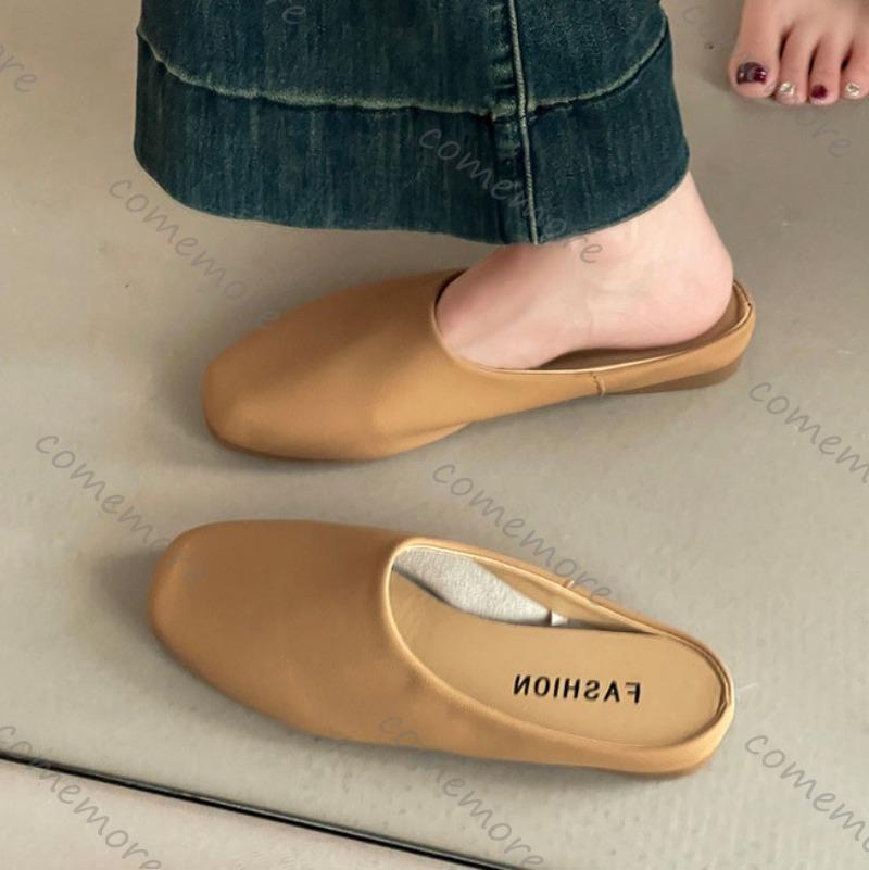 Fashion Comemore Retro Square Head Baotou Half Slippers Female Spring Summer Outside Wear Soft Leather Casual Solid Flat Mules Slides