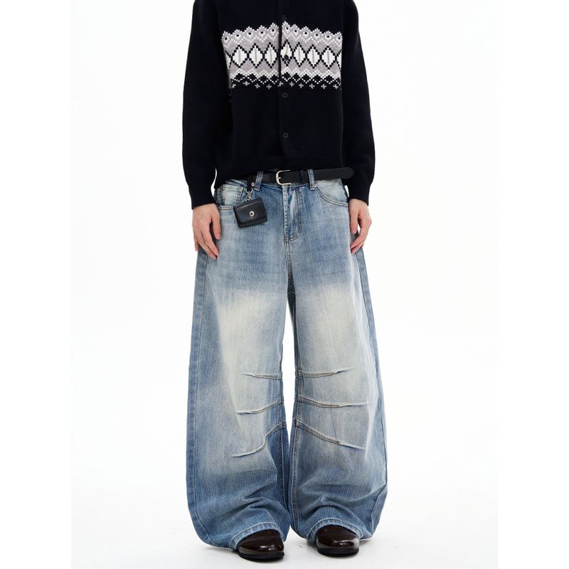 Kisko American Retro Bamboo Texture Deconstructed Wide-Leg Jeans Unisex Trendy Brand Loose Design Washed Pants