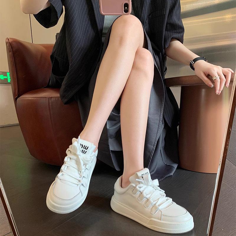 Leather Version Thick-soled Heightening Casual Sports Shoes Small White Shoes Women's Versatile Round Head Bread Shoes Lace-up Heightening Board Shoes