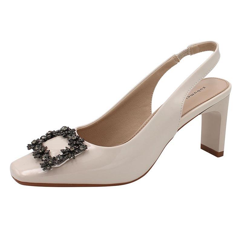 8-Summer Back Empty Thick Heels High Heels Patent Leather Square Buckle Single Shoes Women's Professional Bag Head Sandals Breathable