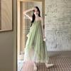Green Mesh Splicing Suspender Dress Women's Summer New Beautiful Holiday Wind Floral Chiffon Dress