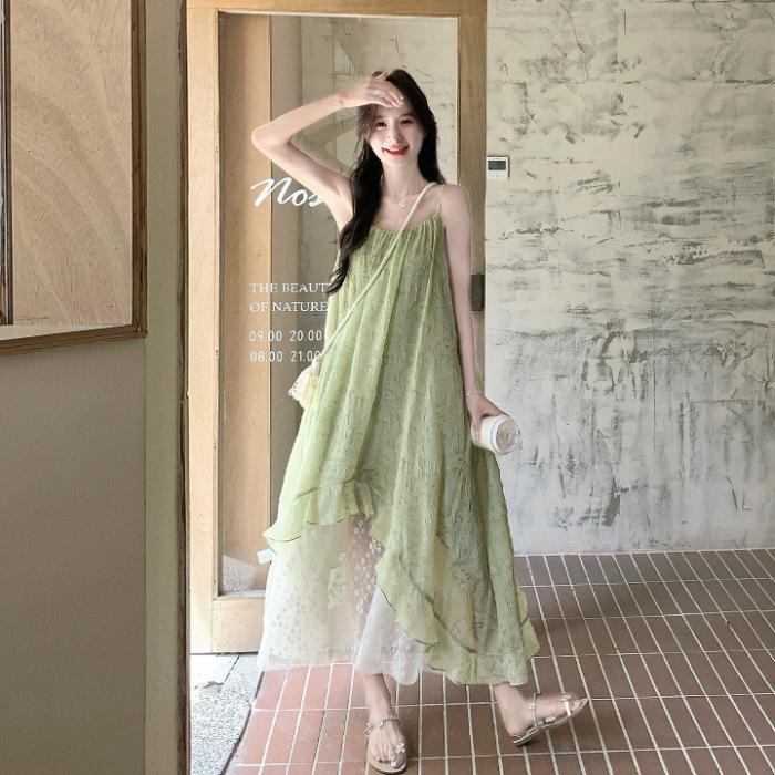 Green mesh splicing suspender dress women s summer new beautiful holiday wind floral chiffon dress S зелёный