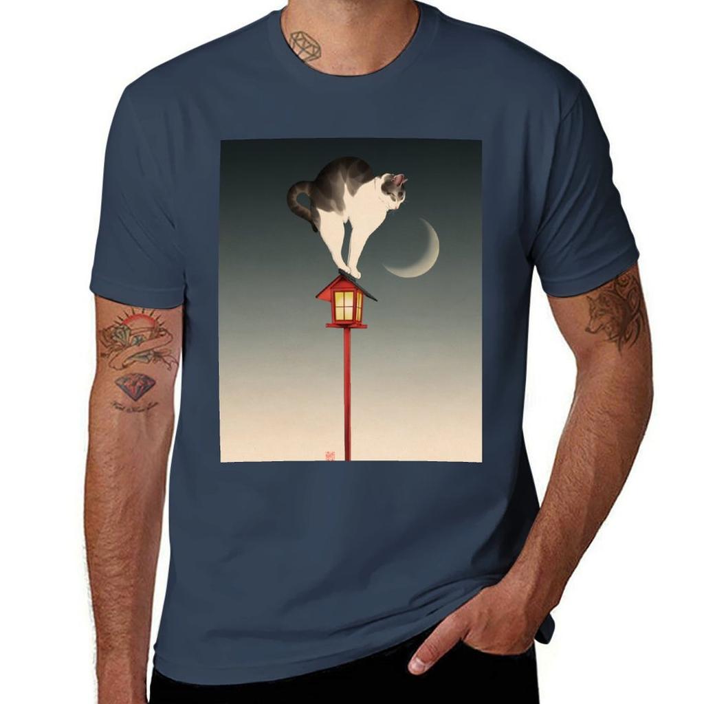 Cat Stretching On Street Lamp Tshirt Cotton T Shirts Unisex 100 Tshirt