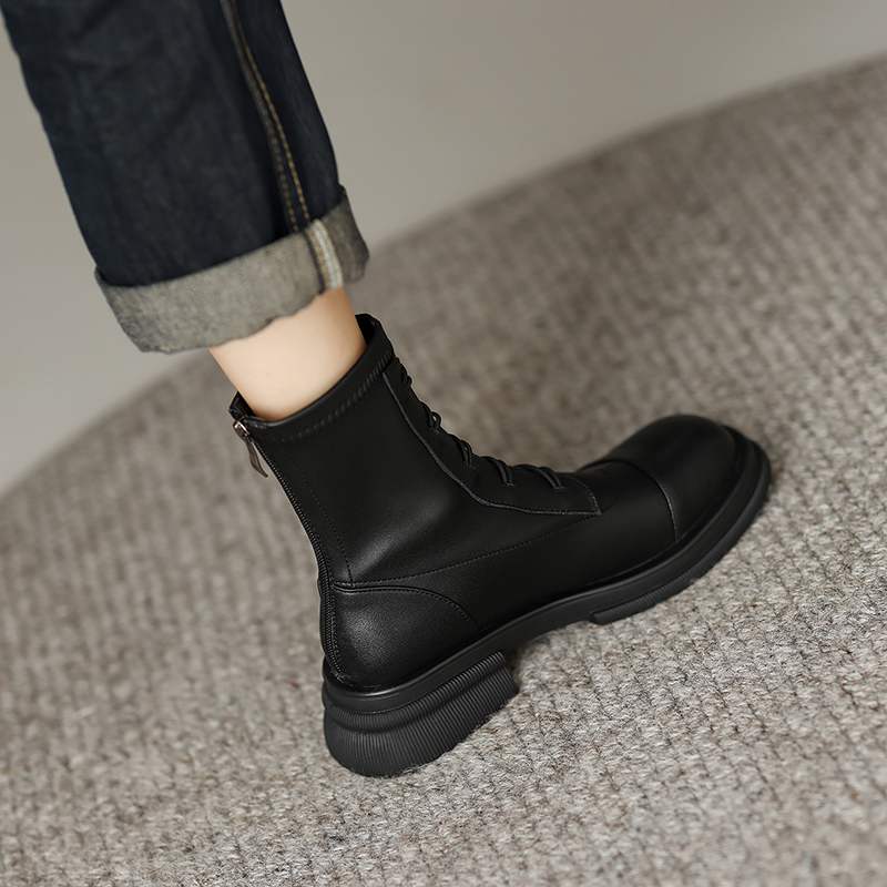 Krazing Pot Podzimní zimní boty z hovězí kůže s kulatou špičkou Kovové zapínání Silný střední podpatek Zip Chelsea Boots Dámské kotníkové boty