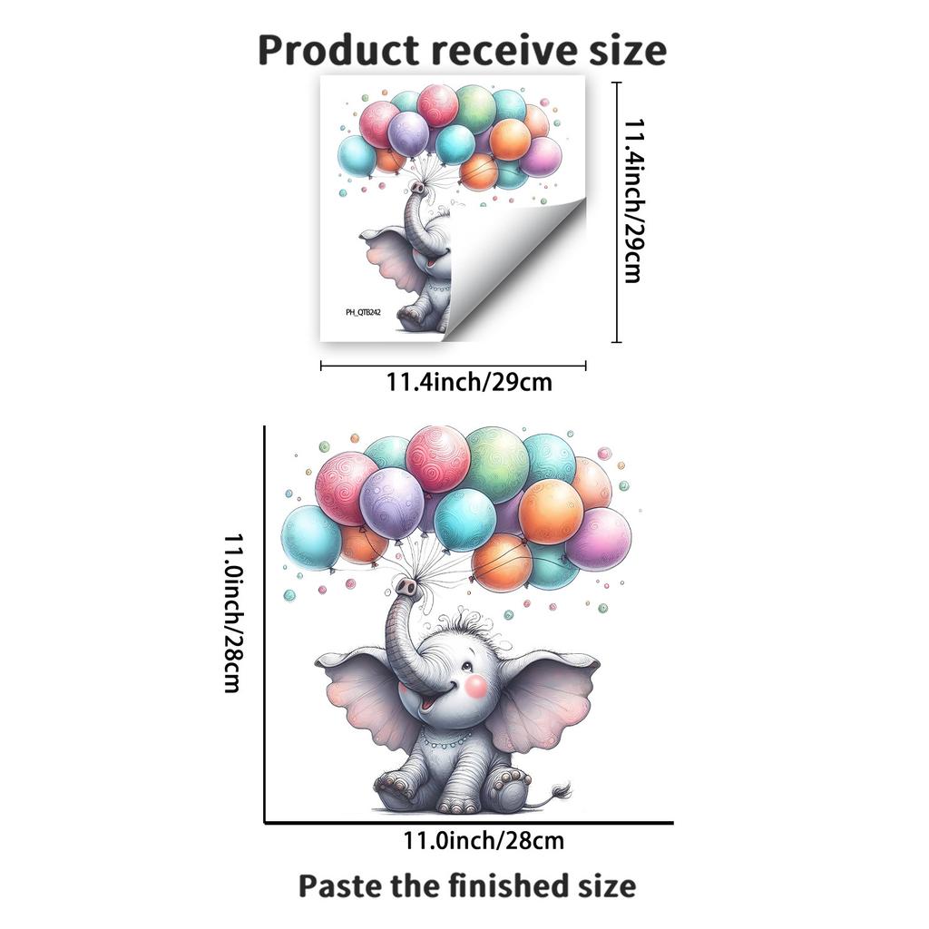 Watercolor Cartoon Elephant with Balloons Toilet Sticker Self-Adhesive Removable for Kids Bathroom Bedroom Decor