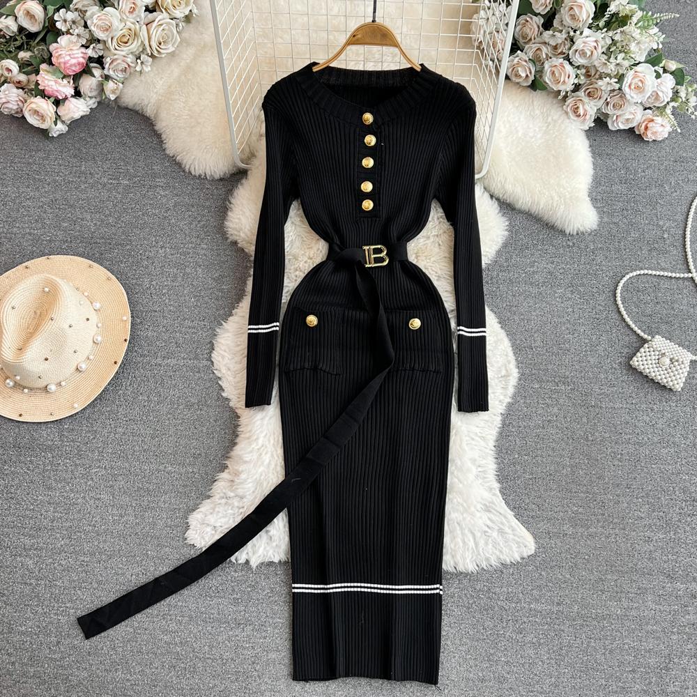 Women Dress  Autumn Winter Elegant Rib Knit Long Pencil Dress with Belt Office Lady Bodycon Sweater Dress