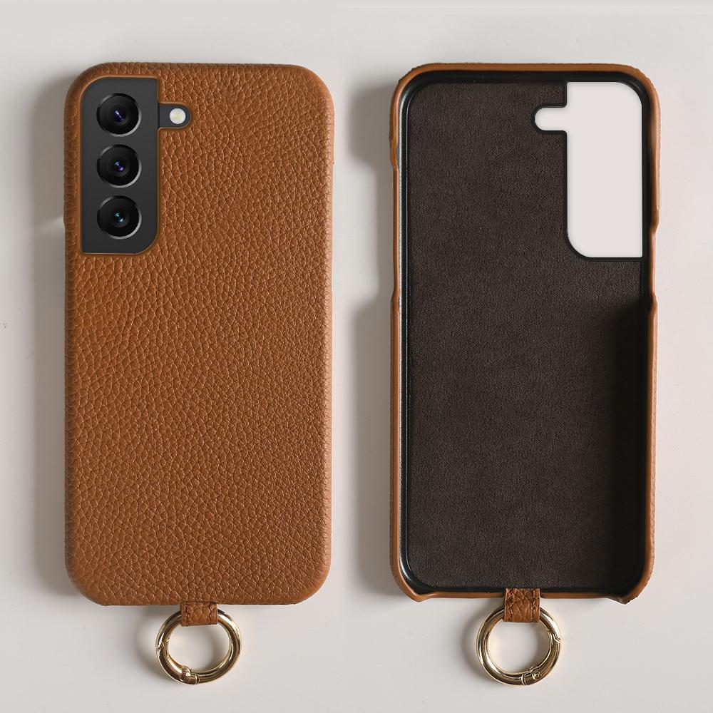 For Samsung Galaxy S22 5G Case with Lanyard Genuine Cow Leather PC Phone Back Cover