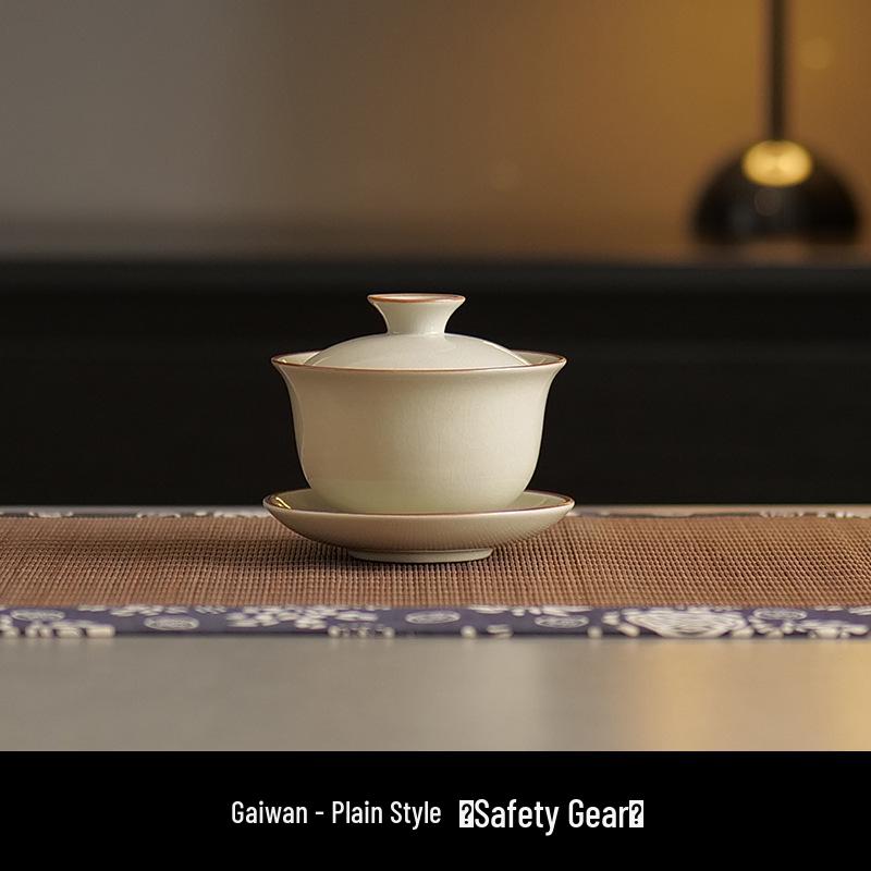 Beige Crackled Ru Kiln Ceramics: 3-Piece Lid Bowl Tea Set for Home Kung Fu Brewing 150ml