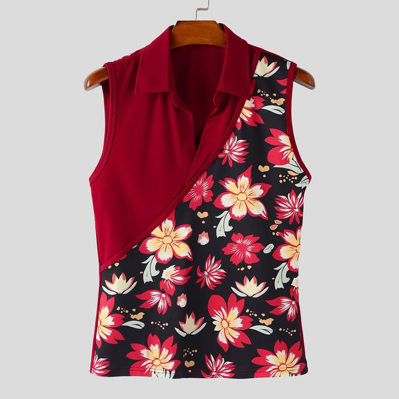 

INCERUN Men Lapel Sleeveless Patchwork Floral Print Casual Thin Tank Tops 4XL красный