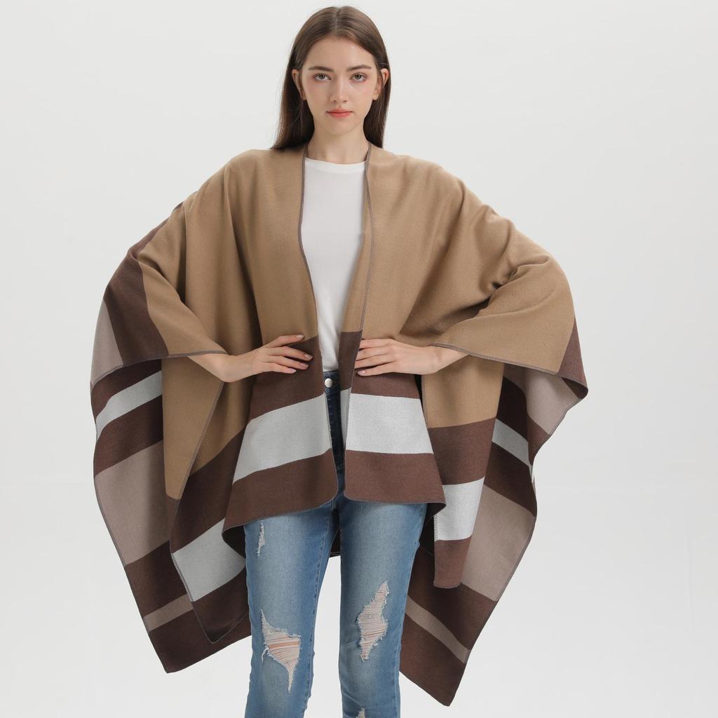 Stylish Striped Double-Sided Scarf Shawl: European & American Fashion Cape Women's Warm Outerwear Cardigan